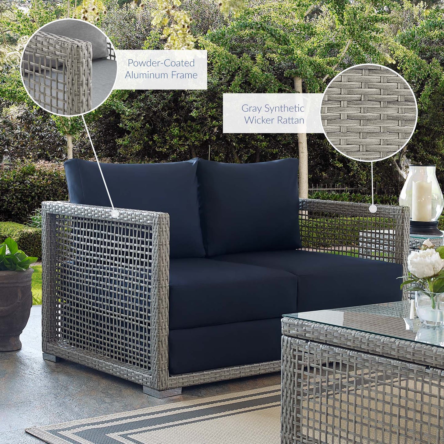 Modway Outlet Aura Outdoor Patio Wicker Rattan Loveseat by Modway  Outdoor Furniture Furniture Gray Navy - EEI-2924-GRY-NAV