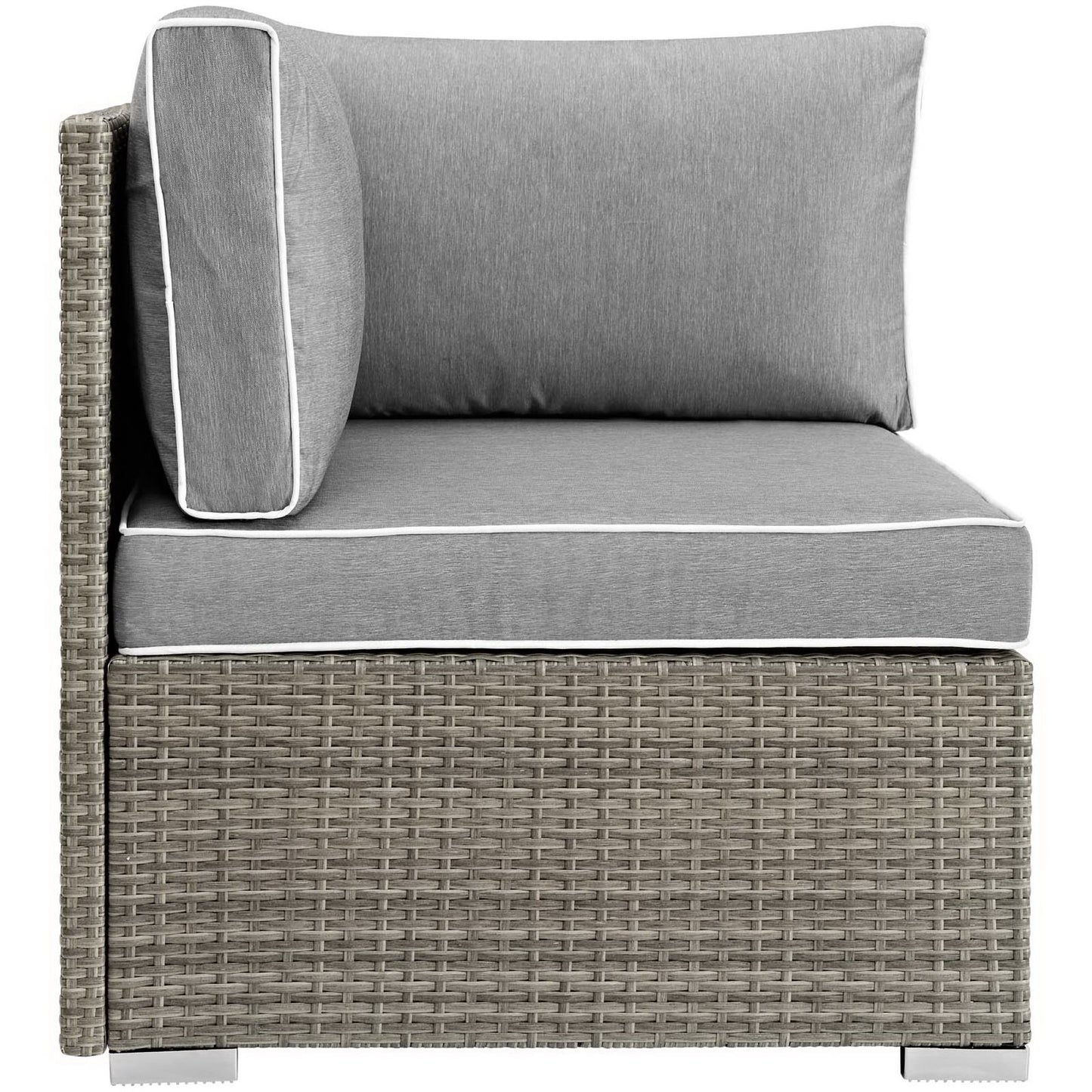 Gray outdoor wicker corner sectional with thick cushioned seats and back cushions, white piping.