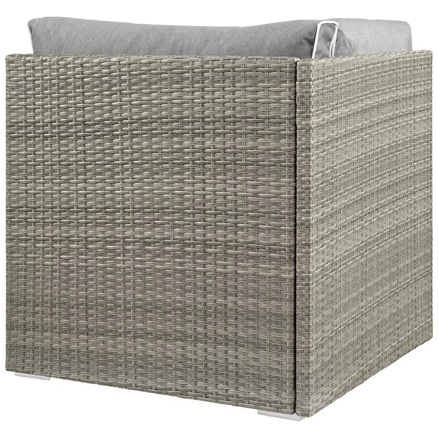 Square gray wicker outdoor patio corner chair with a light gray cushion.