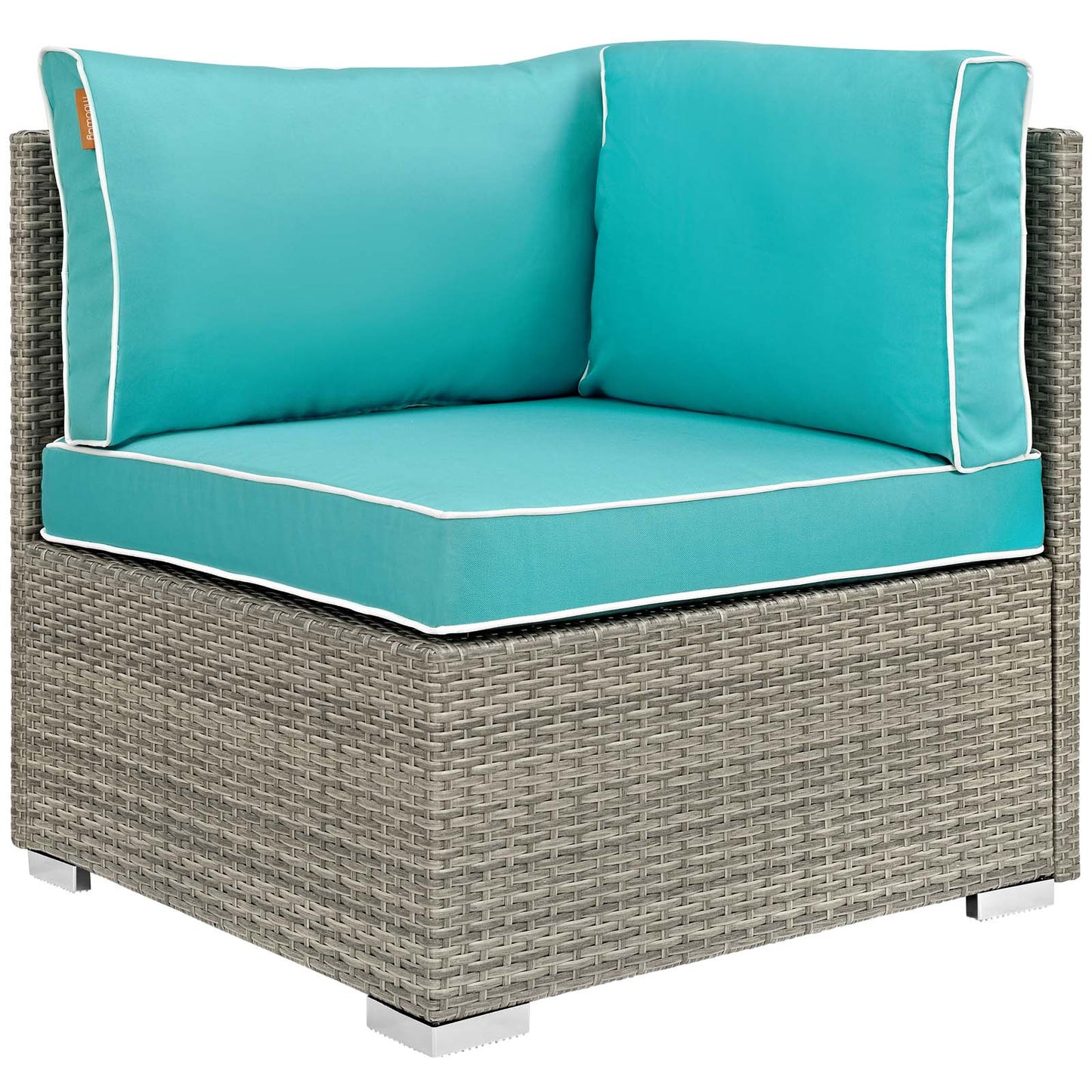 Outdoor wicker corner chair with teal cushions and white piping, woven gray-brown frame.