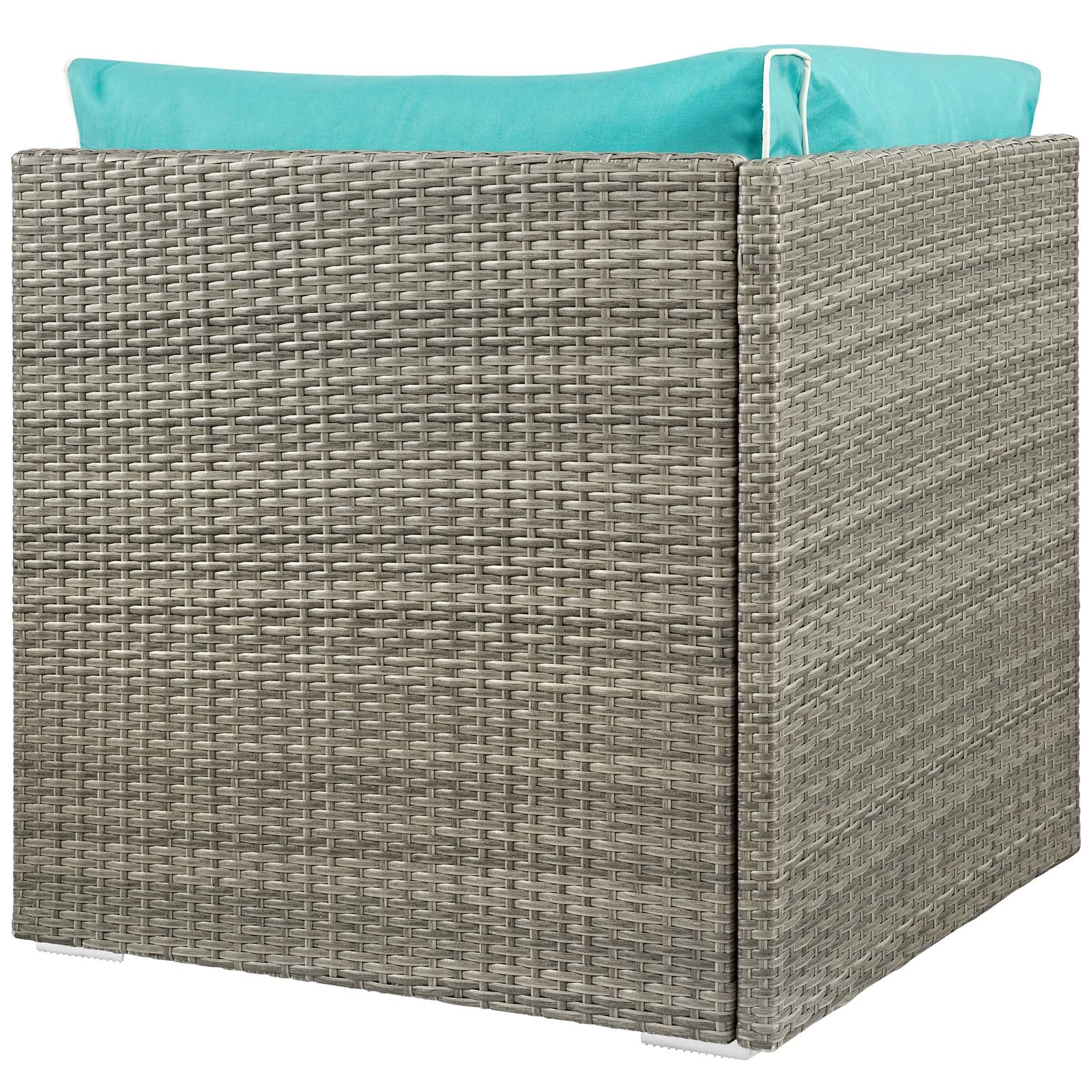 Light gray woven outdoor rattan corner module with turquoise cushions for patio seating.