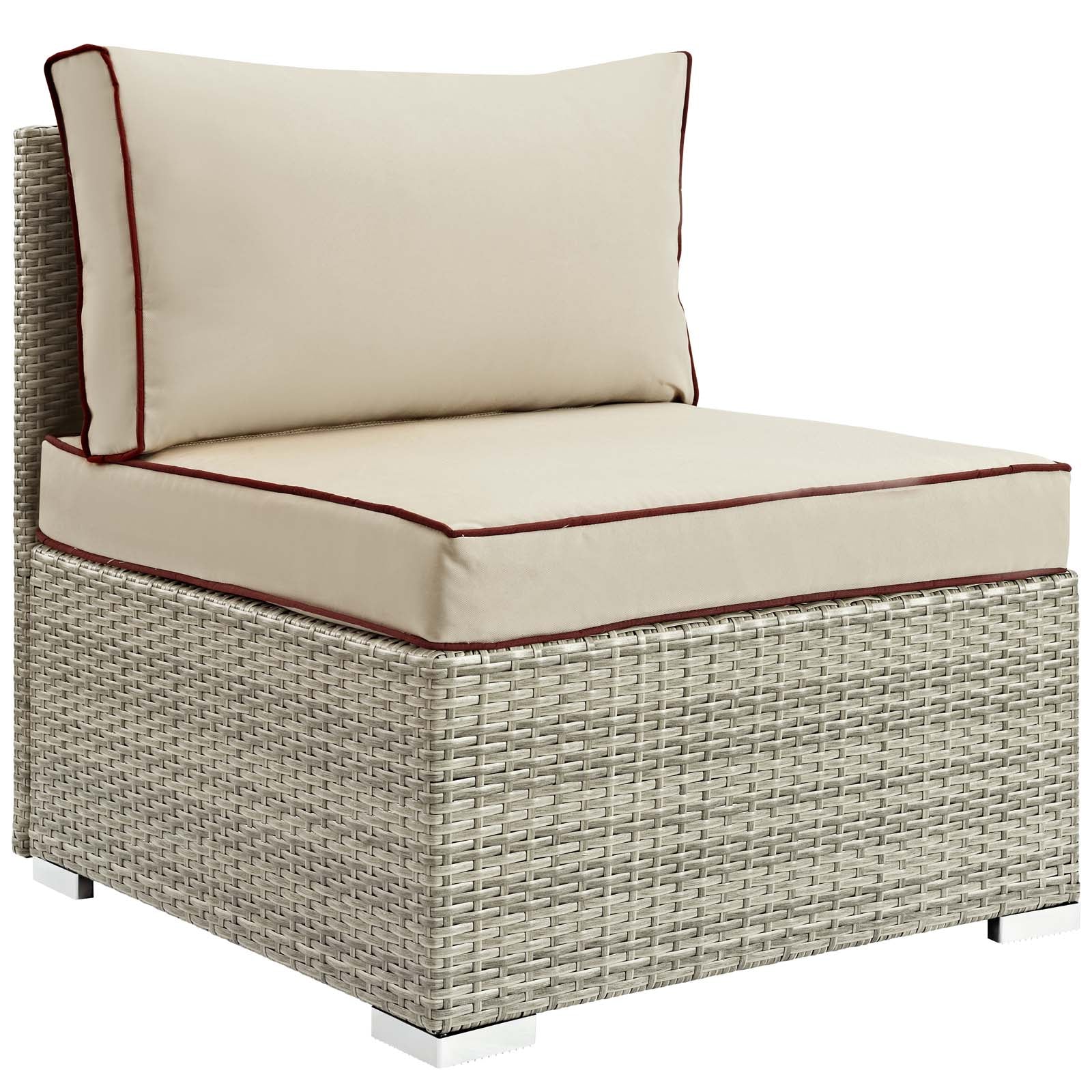 Beige outdoor wicker armless chair with cushioned seat and back, burgundy piping, and white block feet.