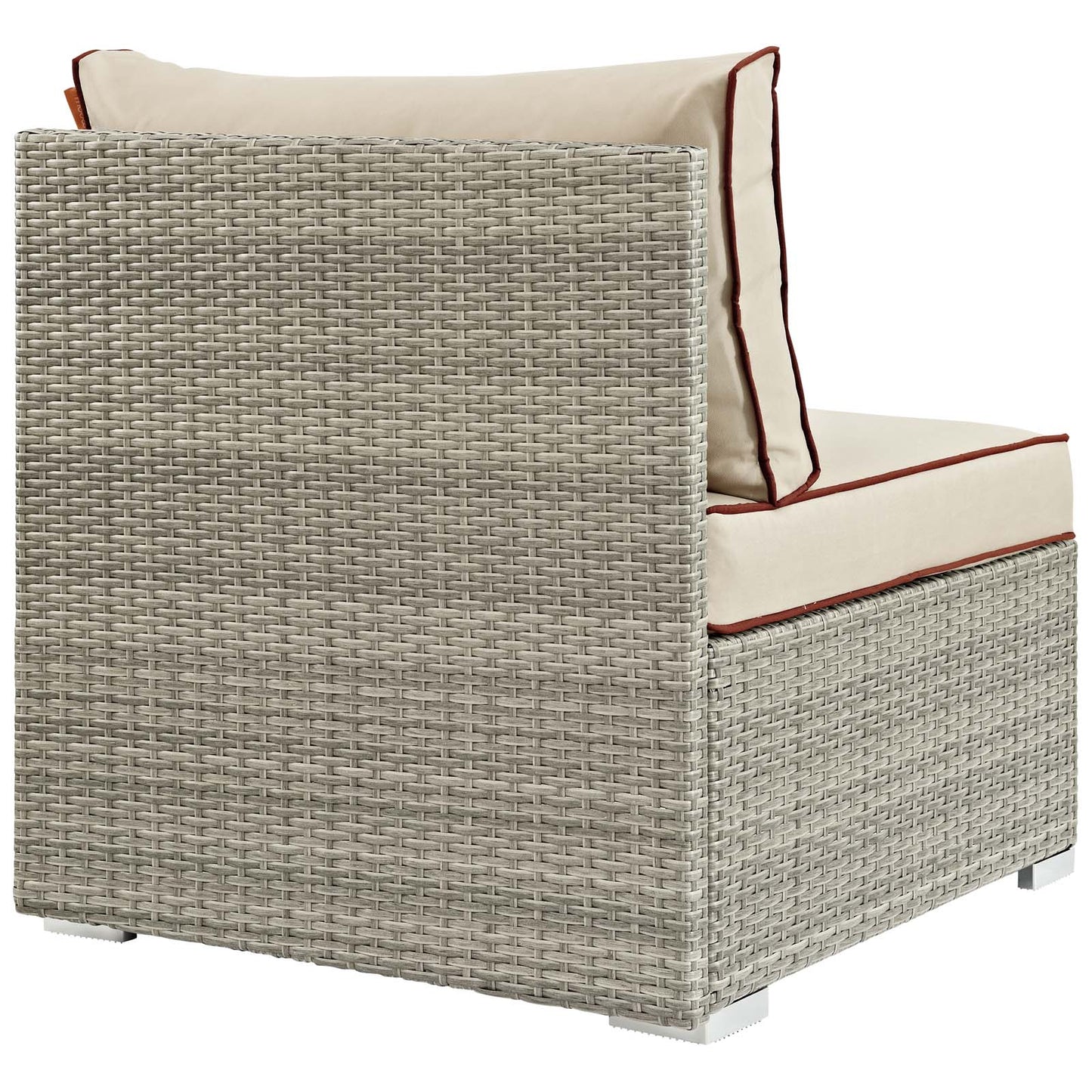 Light gray-beige woven rattan outdoor armless chair with beige cushions and red-brown piping.