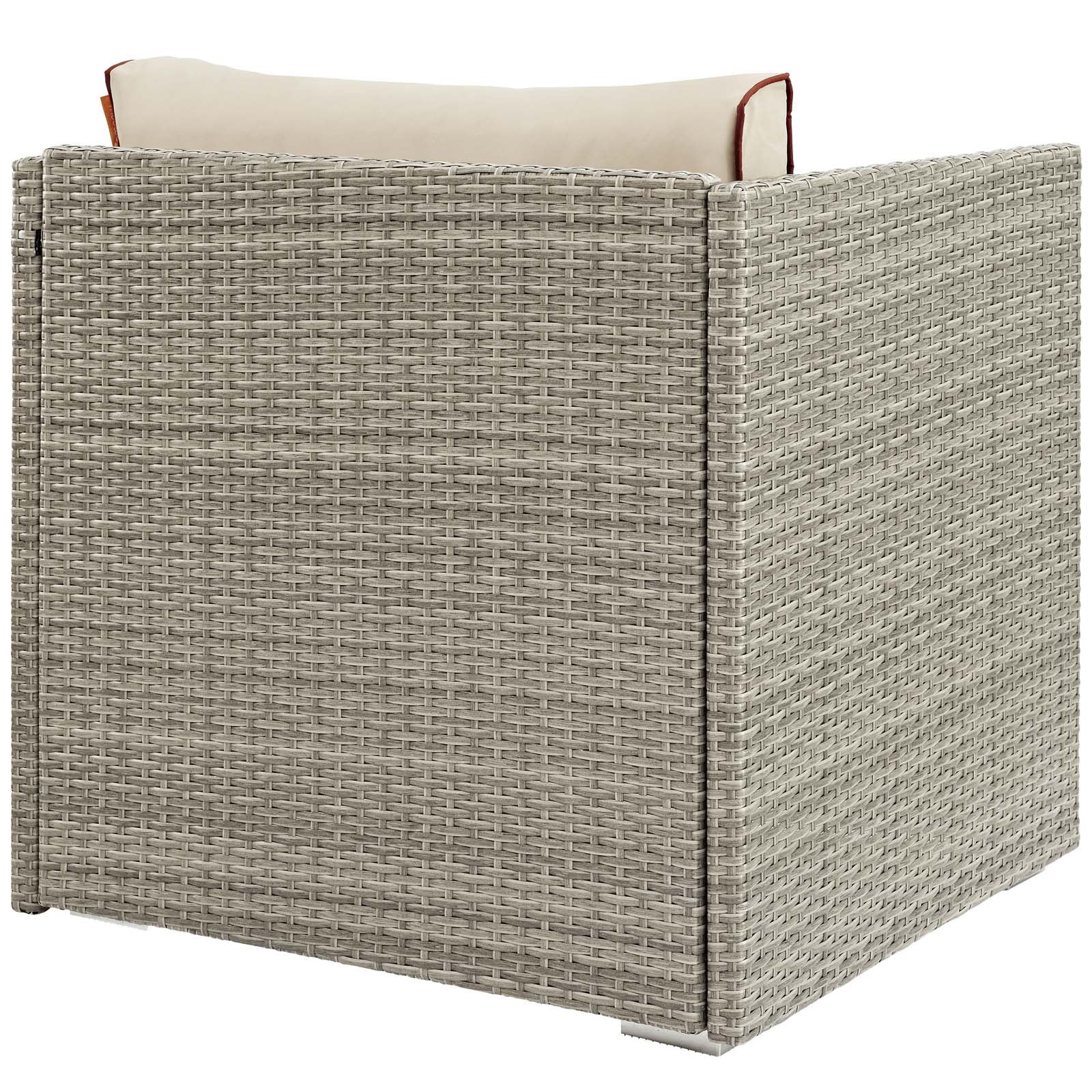 Beige-gray outdoor patio armchair with a light cream cushion and red piping, square modular rattan-style.