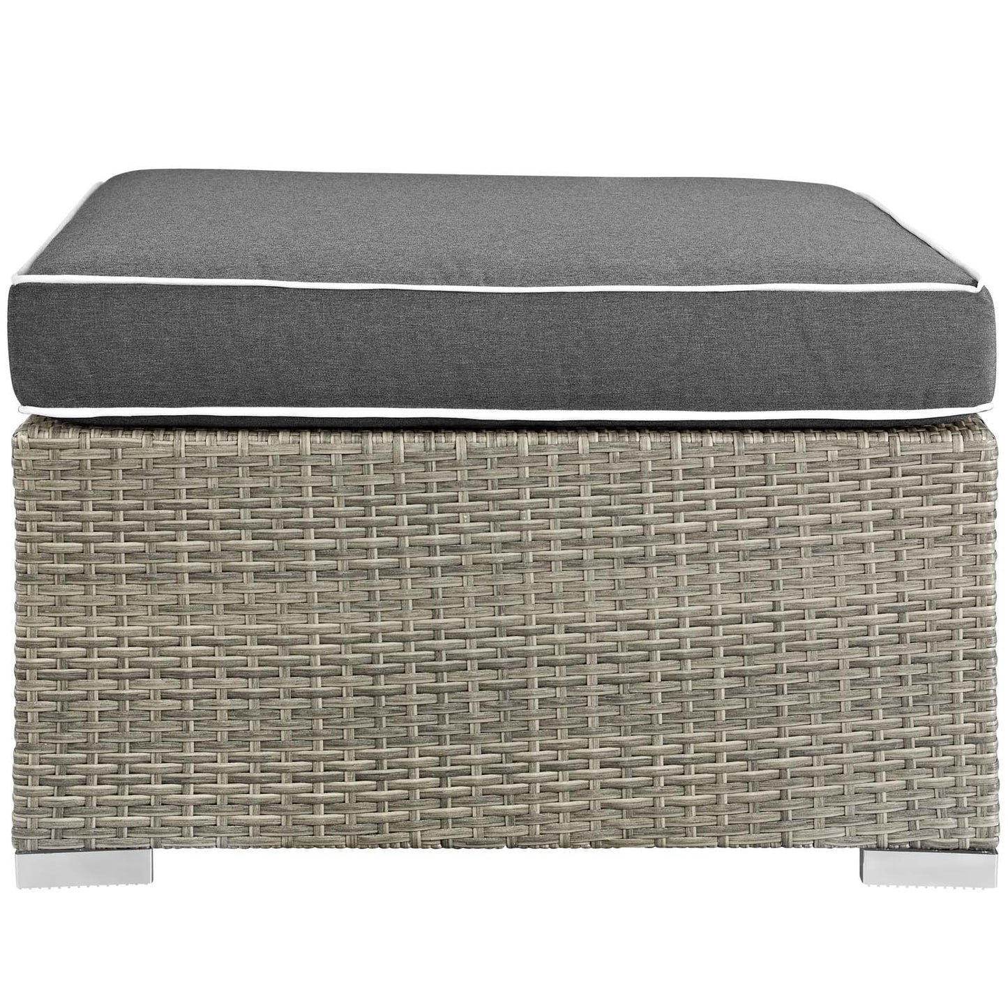 Outdoor fabric ottoman with light gray charcoal upholstery and white piping