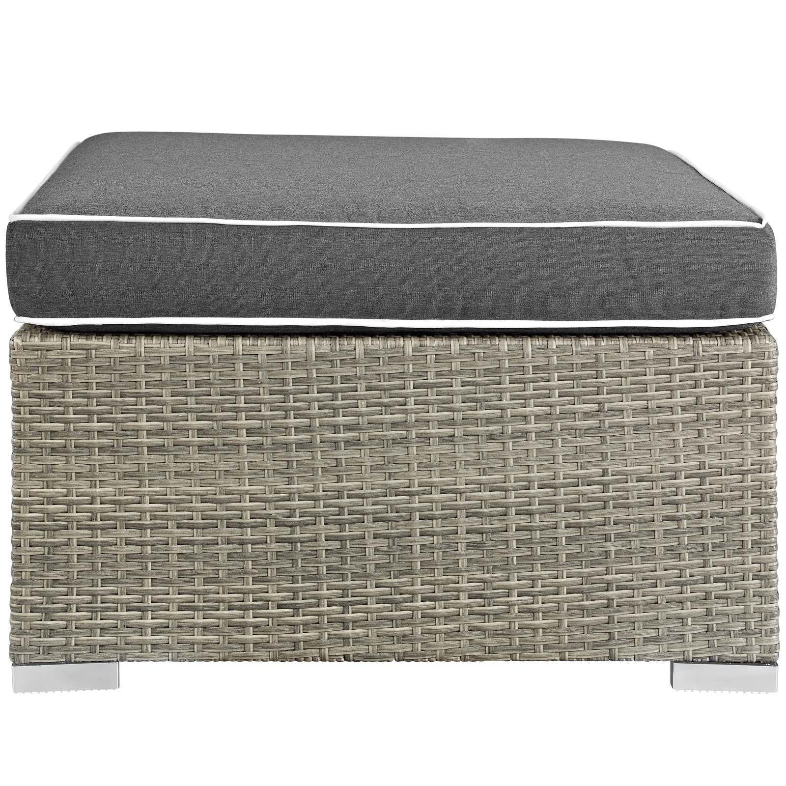 Outdoor fabric ottoman with light gray charcoal upholstery and white piping