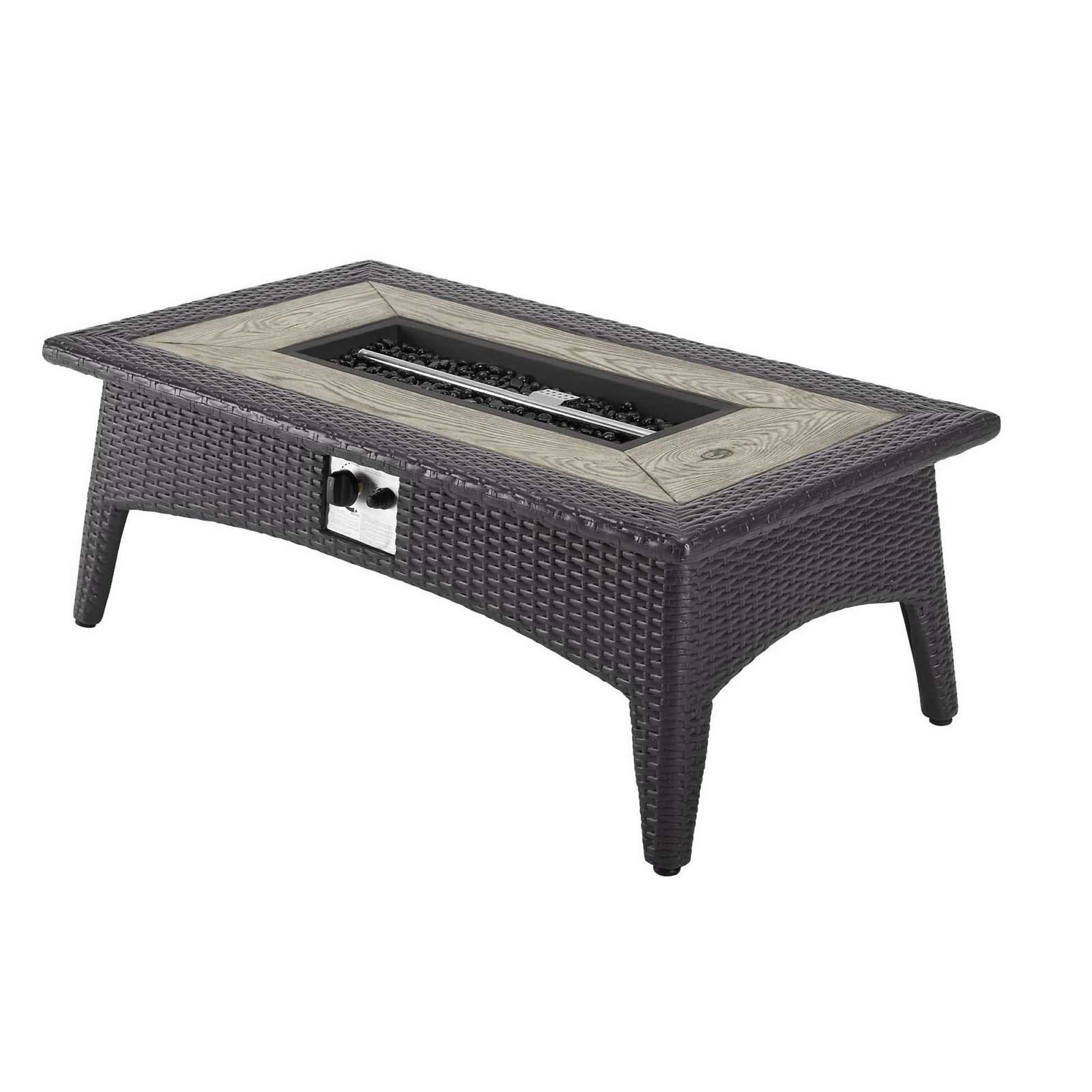 Dark brown woven wicker rectangular fire pit table with light wood-tone frame, glass insert, lava rocks and side gas control.