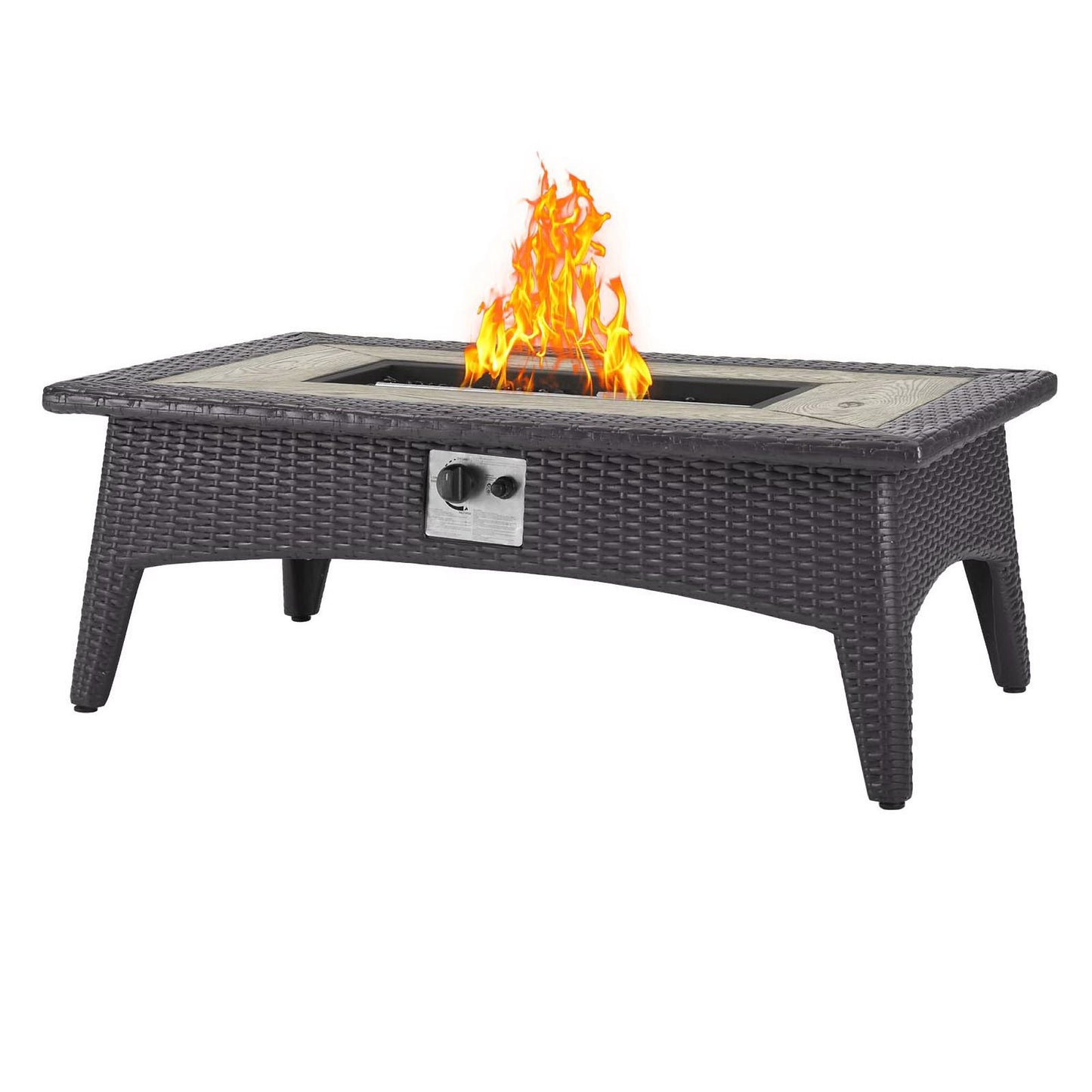 Dark brown wicker rectangular gas fire pit table with metal inset and bright flames; side control knob.