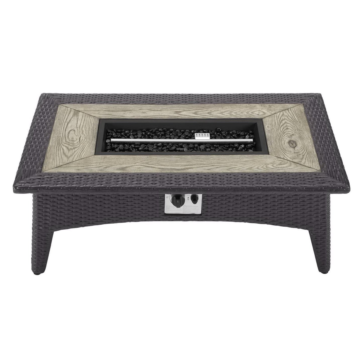 Dark wicker rectangular fire pit coffee table with a faux-wood inset & glass-bead lava rock burner.