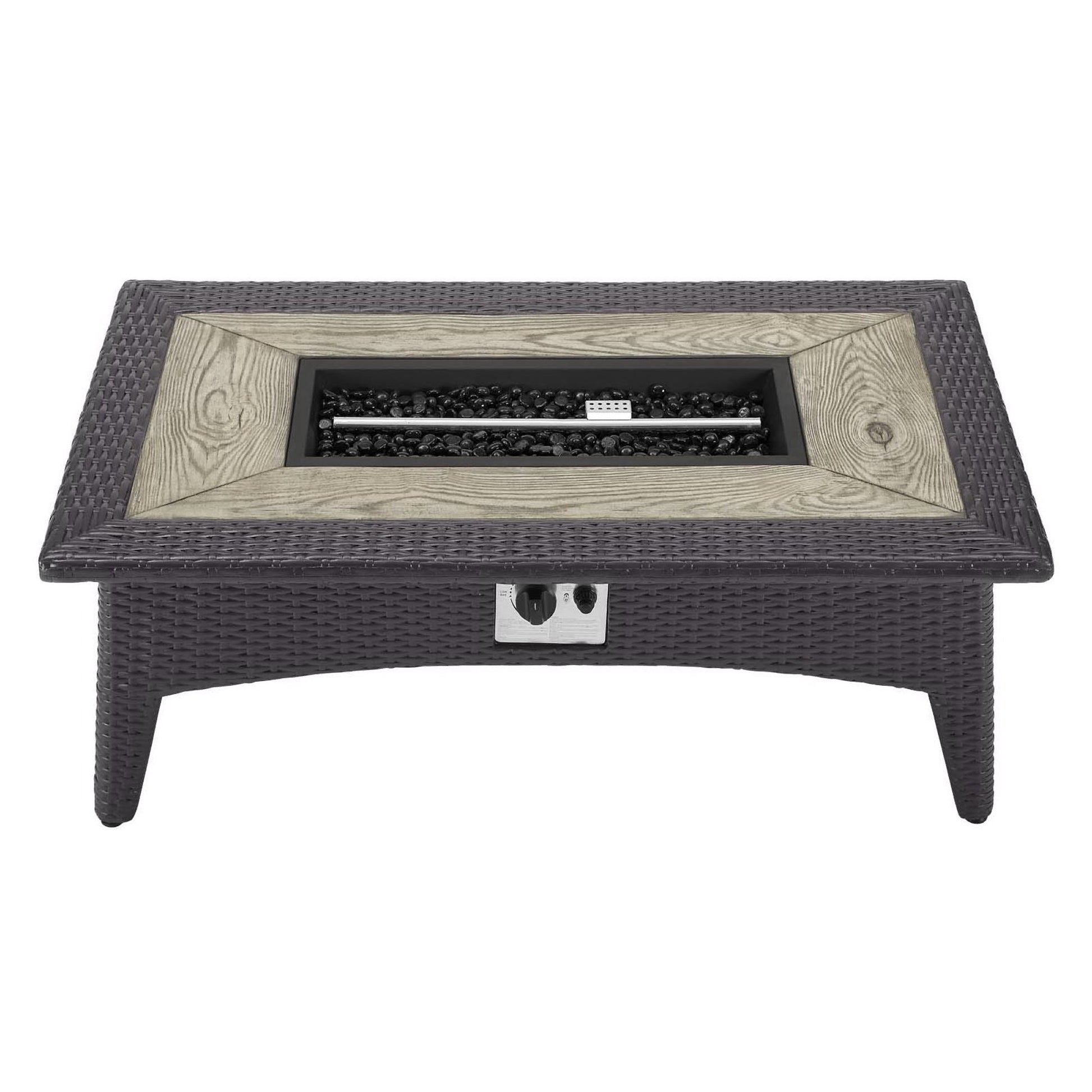 Dark wicker rectangular fire pit coffee table with a faux-wood inset & glass-bead lava rock burner.