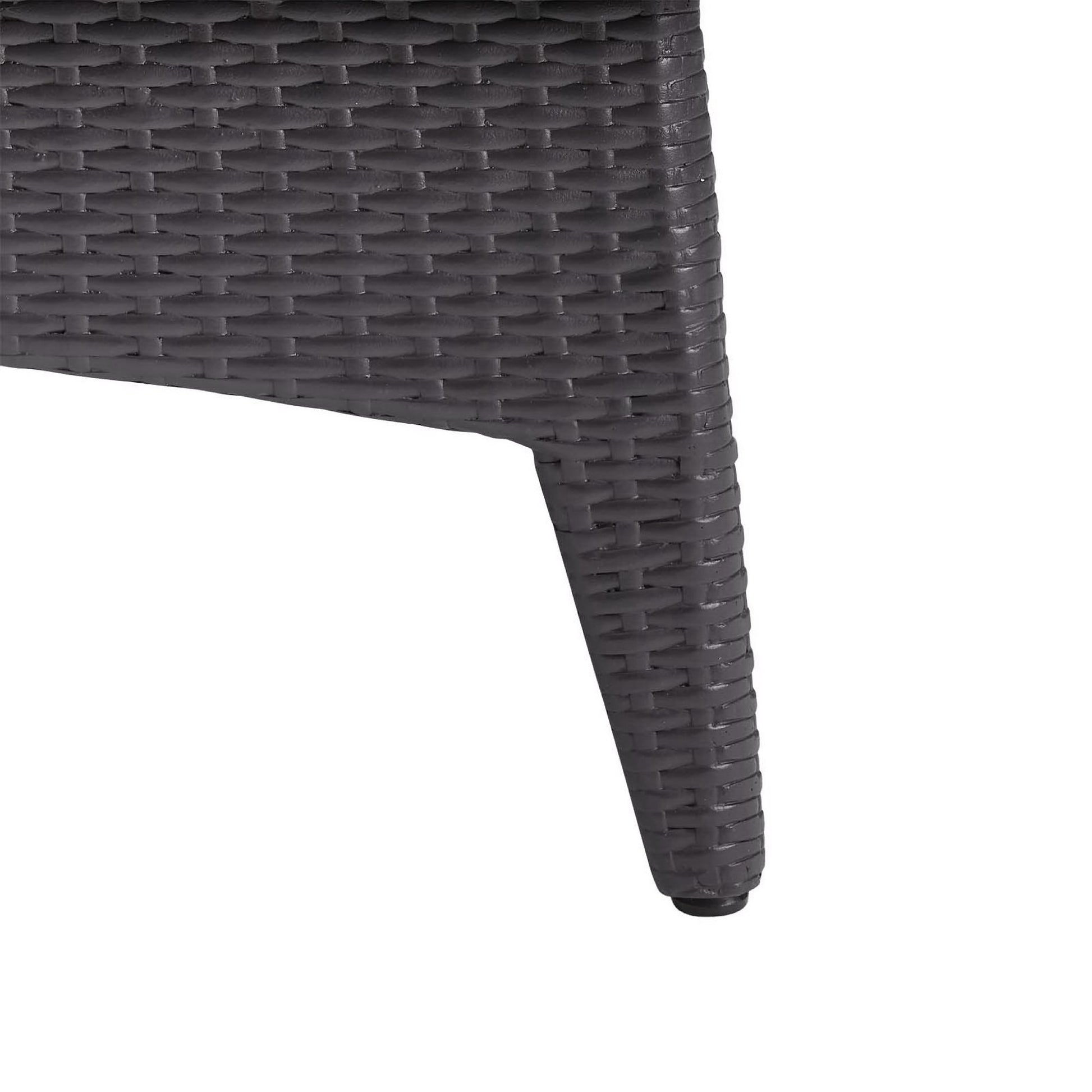 Dark brown woven rattan rectangular outdoor fire pit table in espresso finish, 43.5" long.