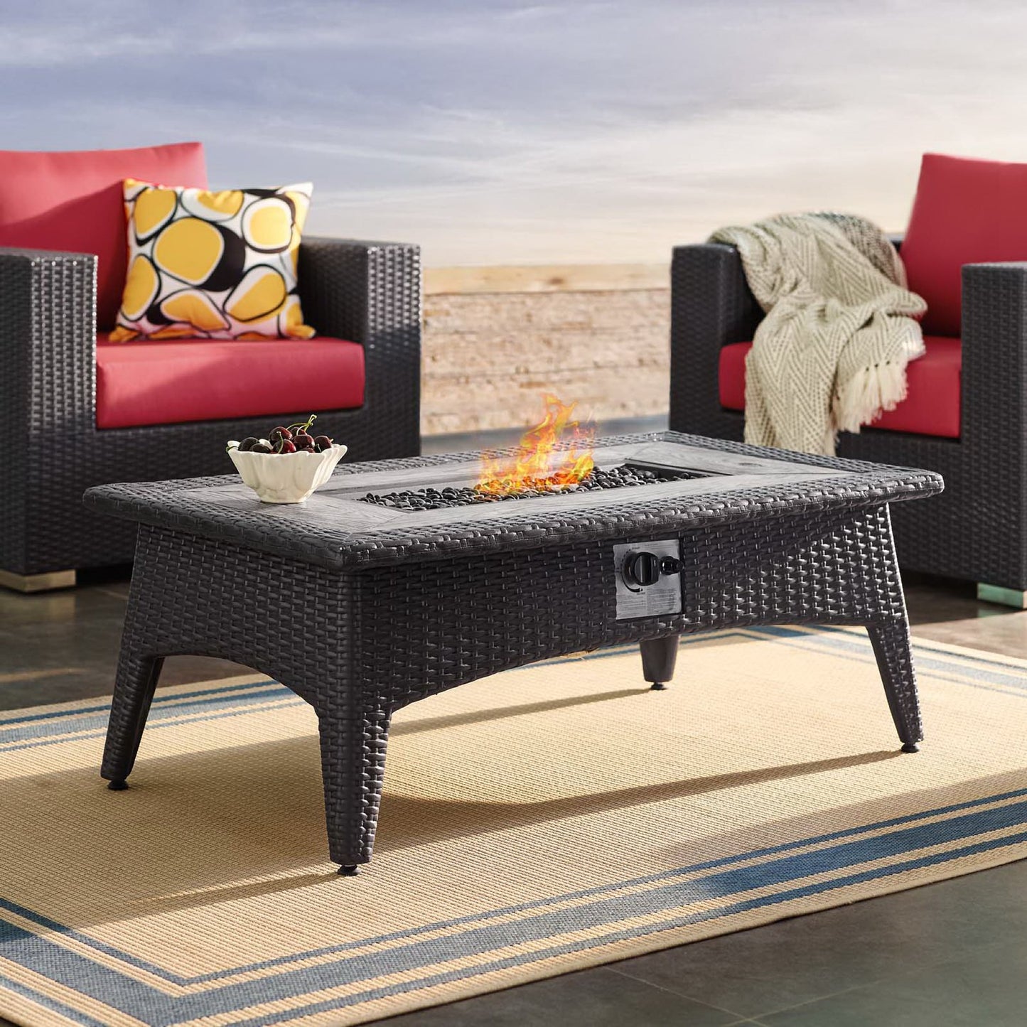 Espresso rectangular outdoor fire pit table with visible flame.