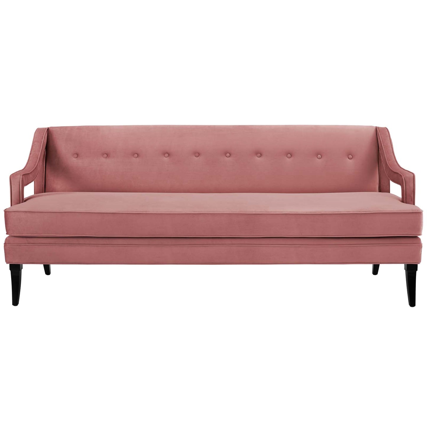Dusty rose velvet sofa with button tufting, curved arms, and black tapered legs.