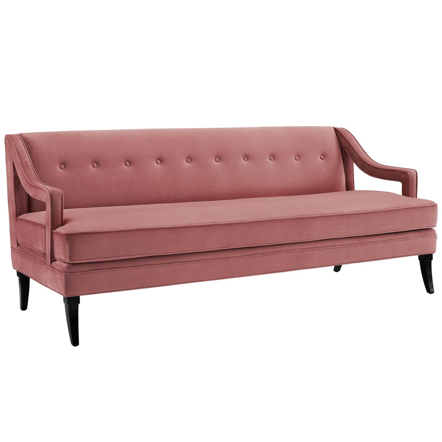 Dusty rose velvet sofa with tufted back, curved arms, single seat cushion, black tapered legs.