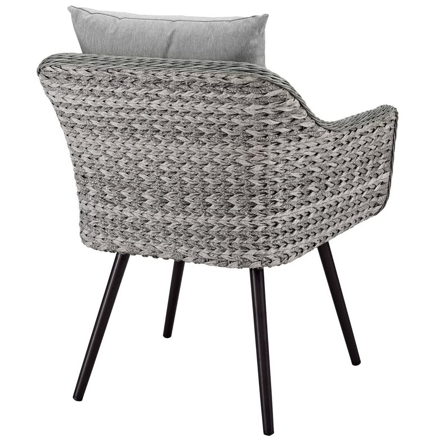 Gray braided wicker accent chair with padded gray cushion and four black metal legs.