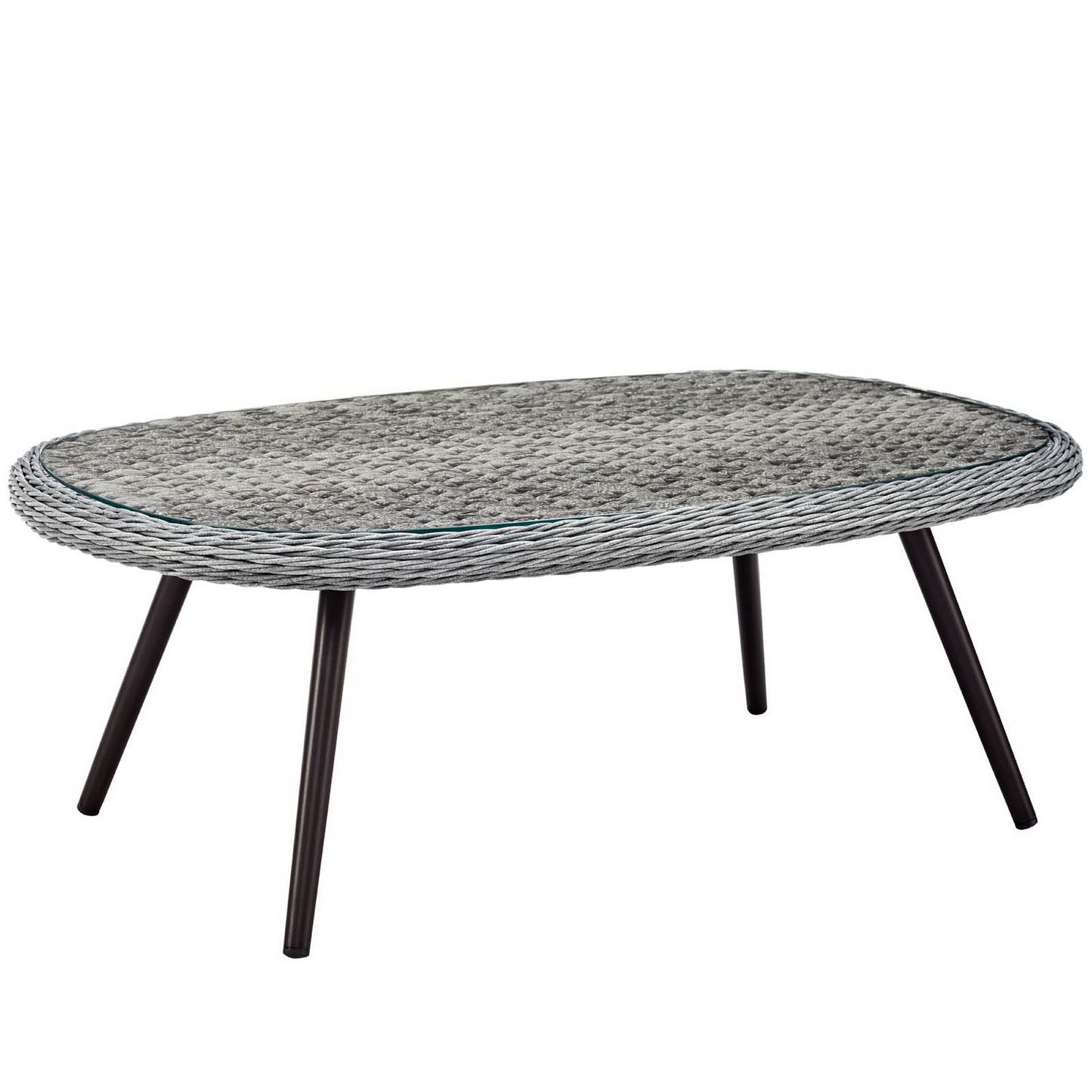Oval gray rope-wrapped coffee table with glass inset and tapered black legs.