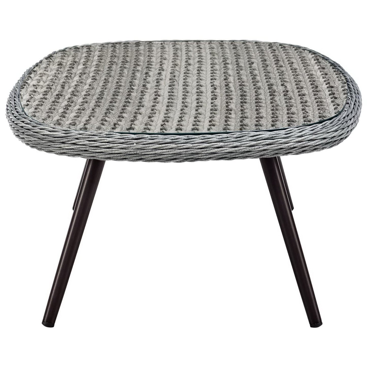 Grey oval outdoor wicker rattan coffee table with a woven top and dark angled legs.