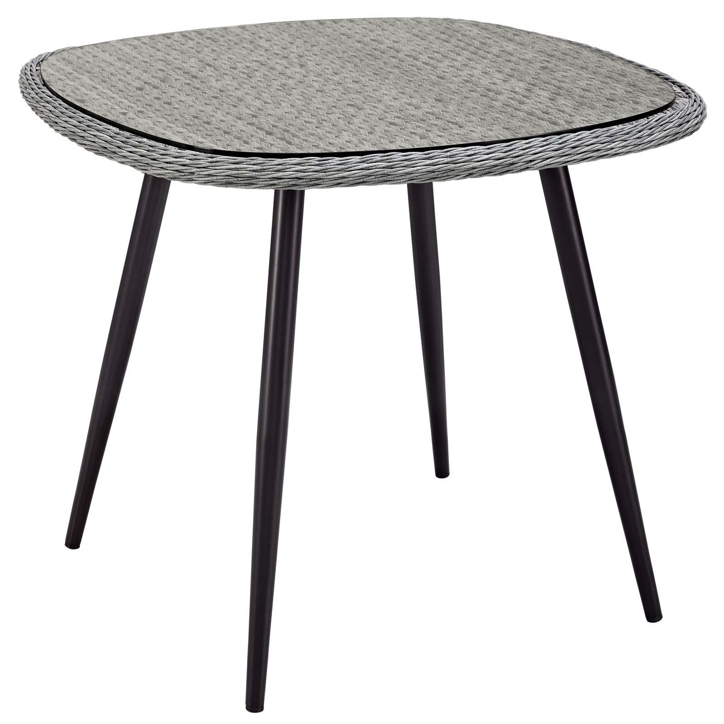 Gray outdoor dining table with a woven wicker top and four black tapered legs; 36 inches.