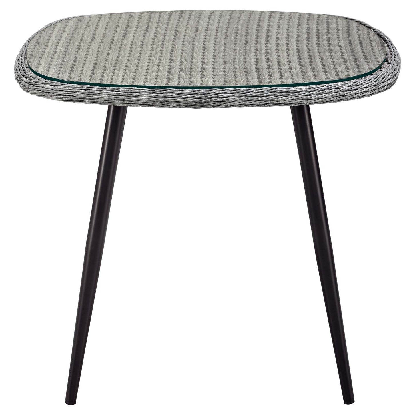 Round gray wicker outdoor dining table with glass top and black metal legs