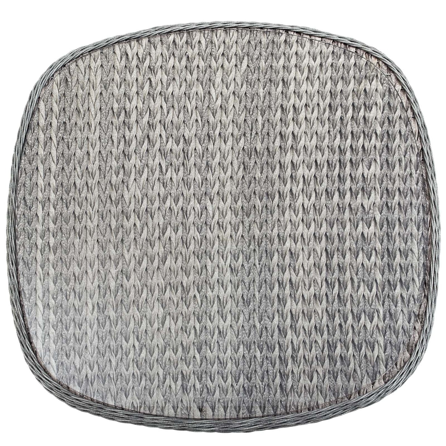Gray circular outdoor wicker/rattan dining table with braided edge.