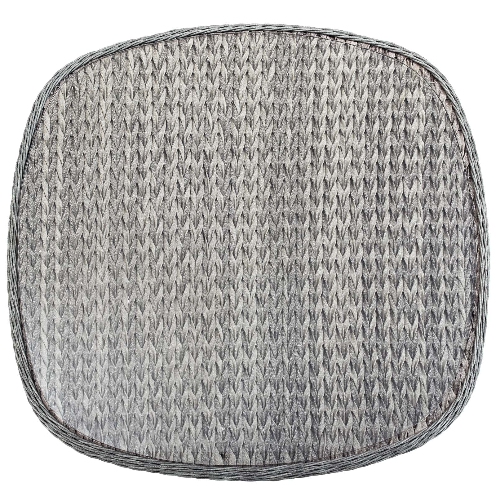 Gray circular outdoor wicker/rattan dining table with braided edge.