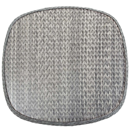 Gray circular outdoor wicker/rattan dining table with braided edge.
