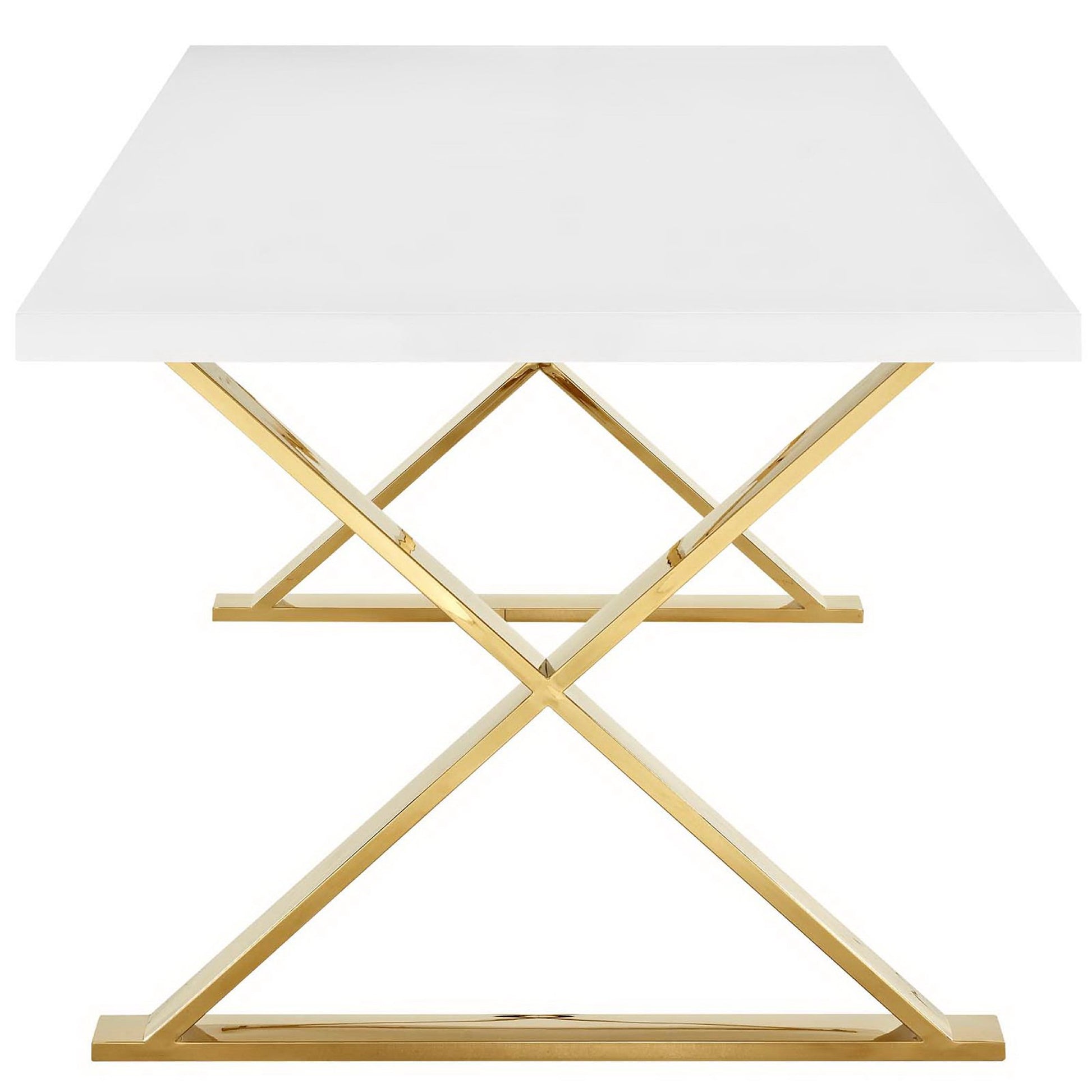 Square white tabletop atop a gold-tone crisscross X-frame base, modern dining table.