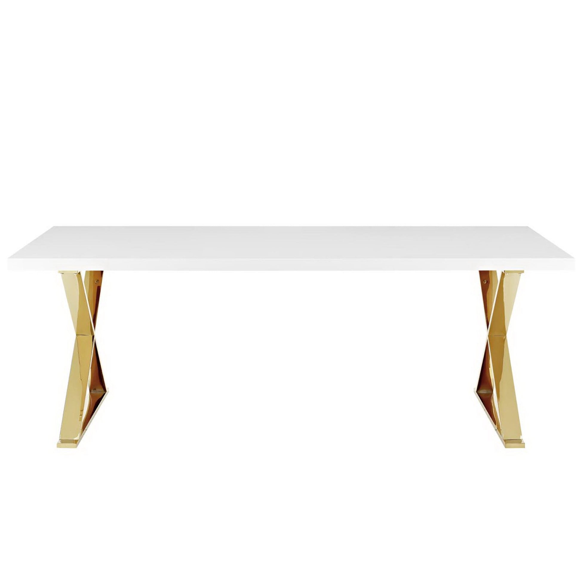 White rectangular dining table with gold angular X-frame legs.
