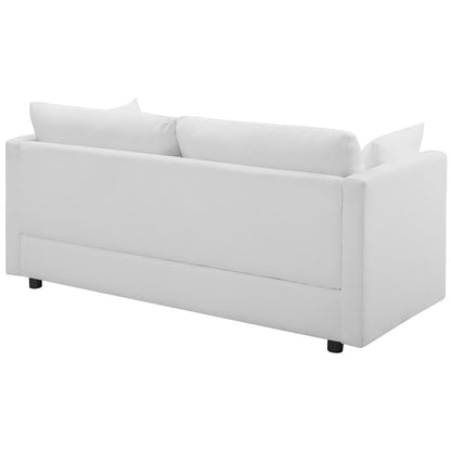 White upholstered sofa with straight arms, two back cushions, low legs, modern contemporary style.