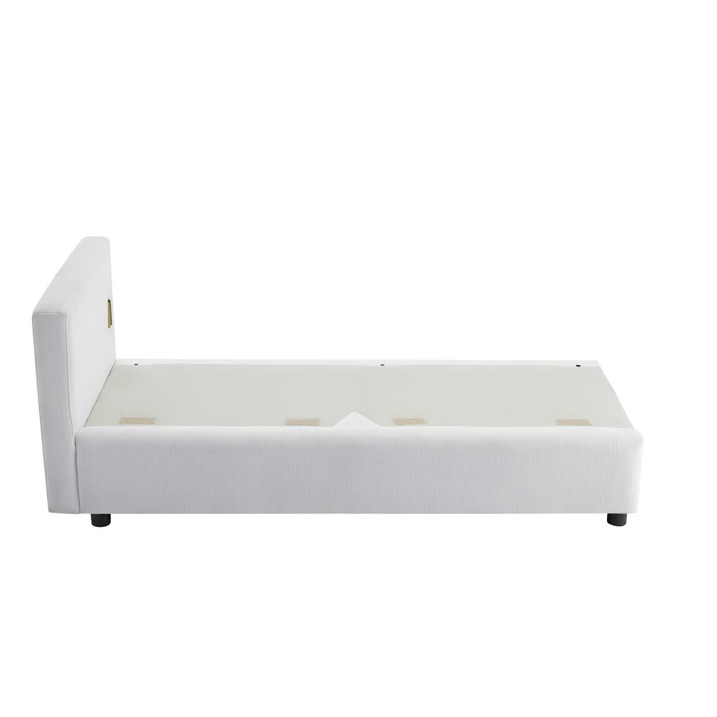 White upholstered fabric sofa with cushioned seating and a low-profile base.