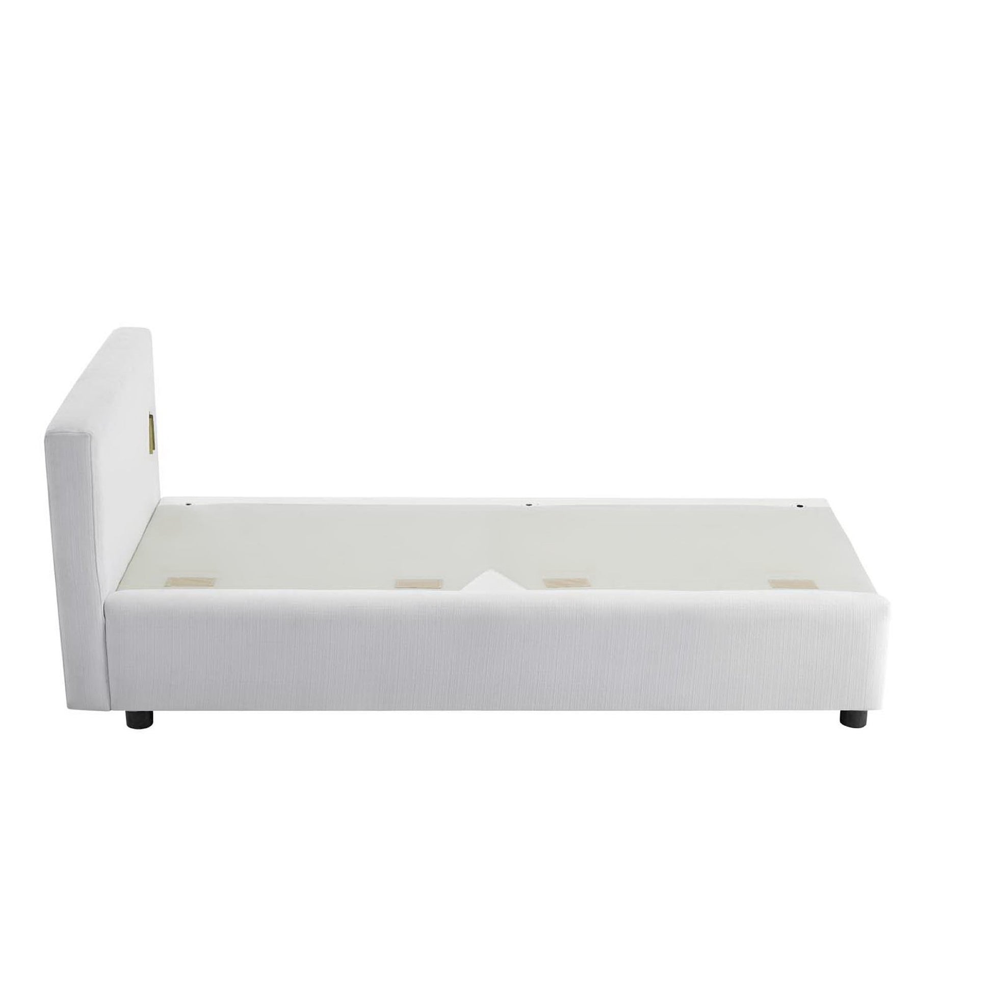 White upholstered fabric sofa with cushioned seating and a low-profile base.