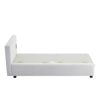 White upholstered fabric sofa with cushioned seating and a low-profile base.