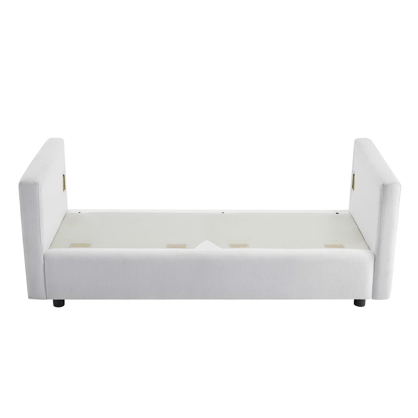 White fabric upholstered sofa.