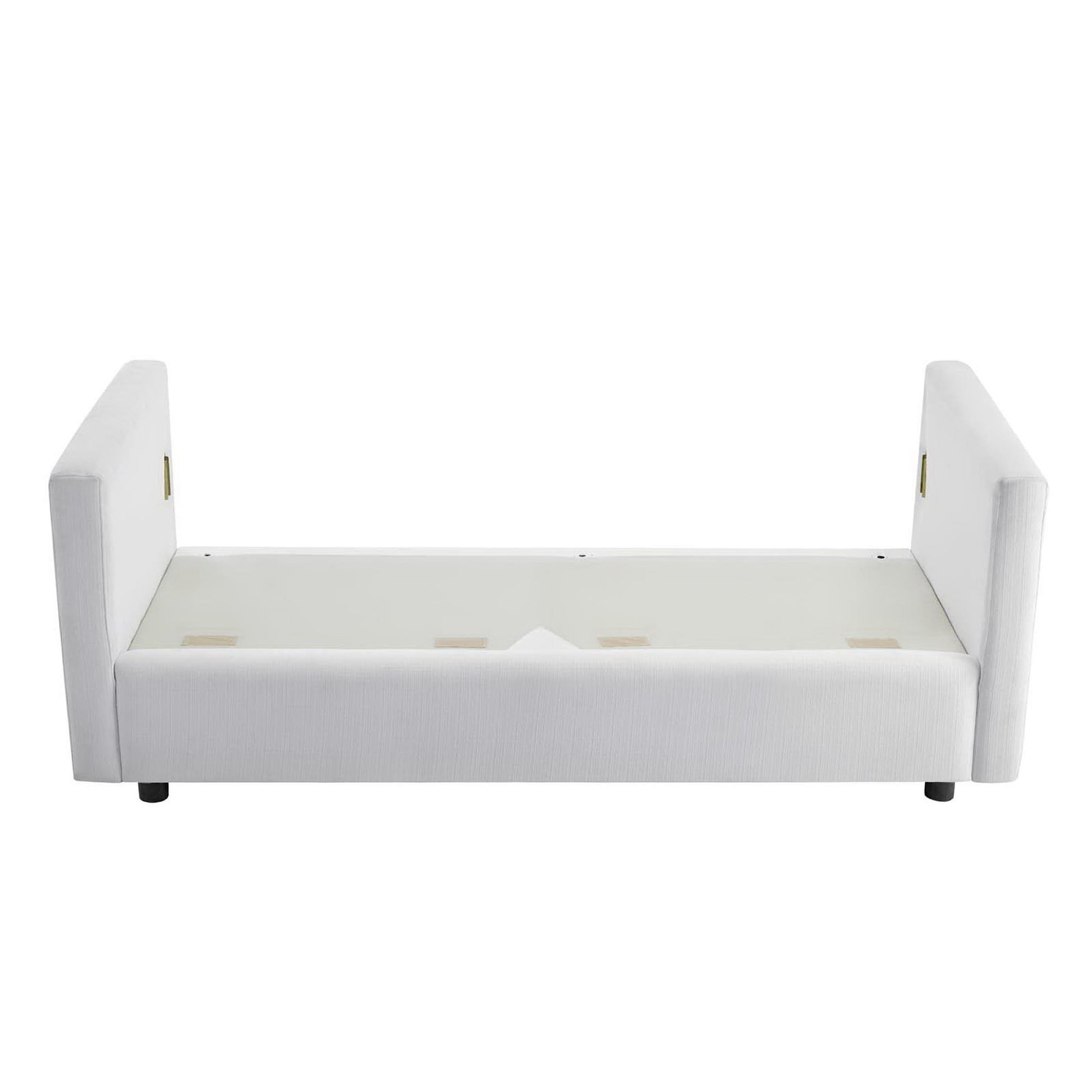 White fabric upholstered sofa.