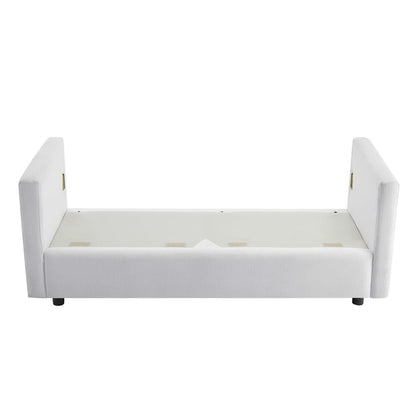 White fabric upholstered sofa.