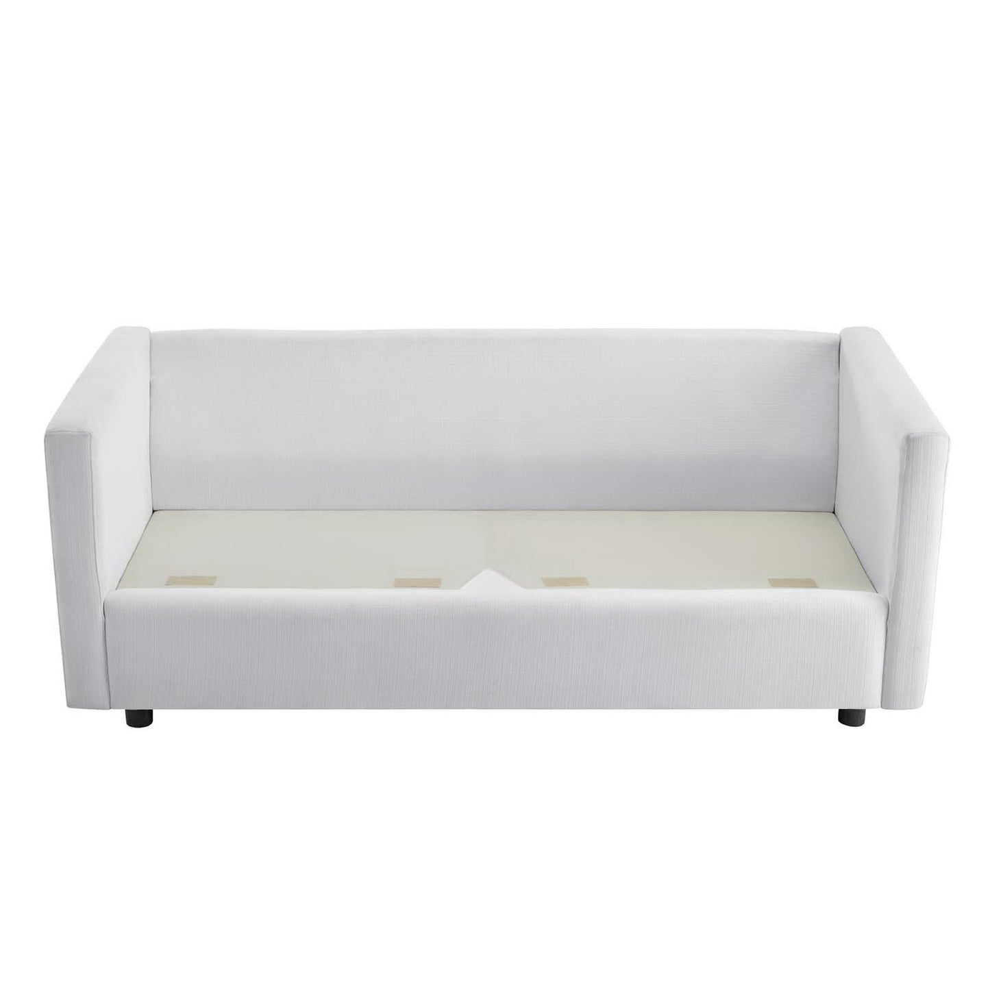 White upholstered fabric sofa with square arms and a low back; cushions in place.