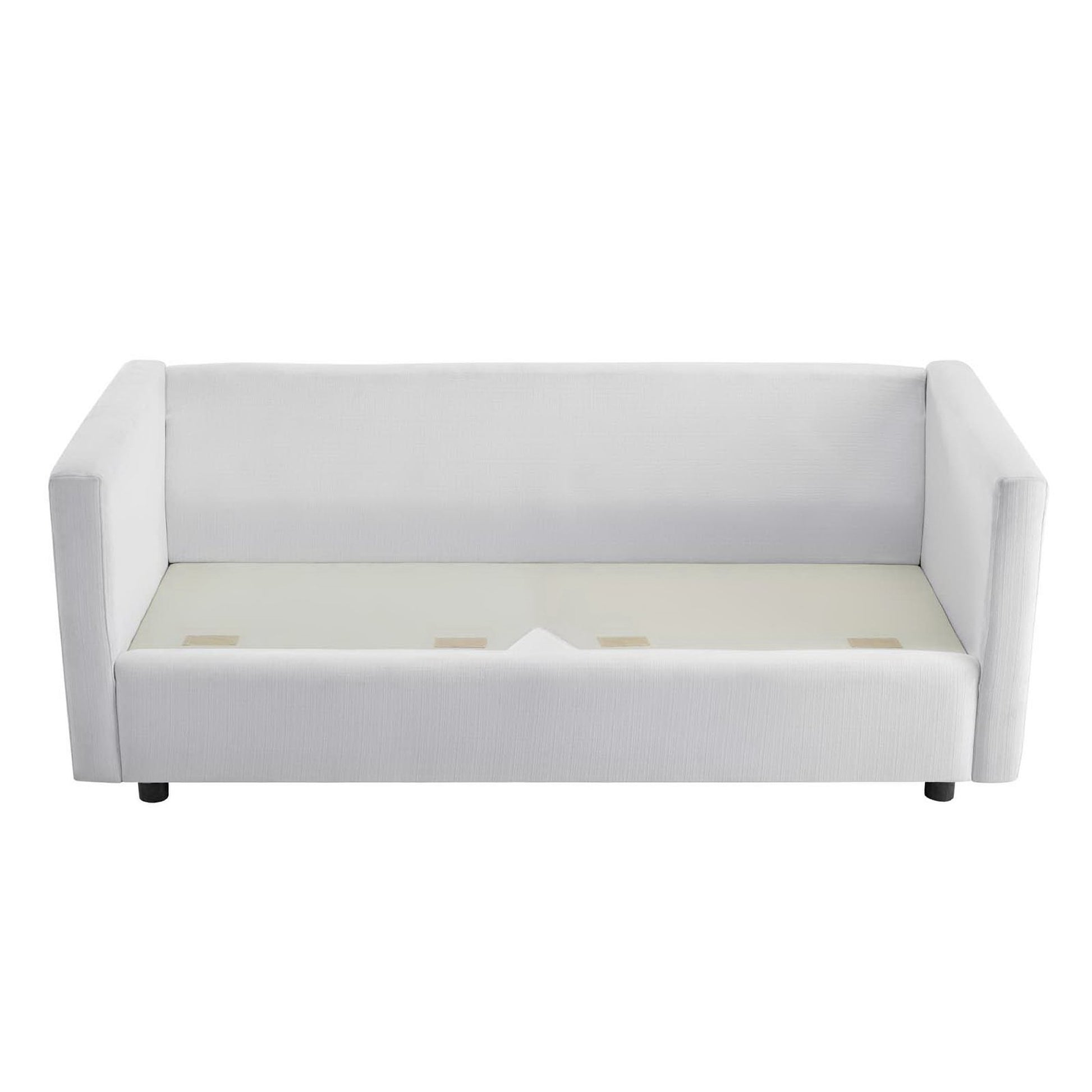 White upholstered fabric sofa with square arms and a low back; cushions in place.