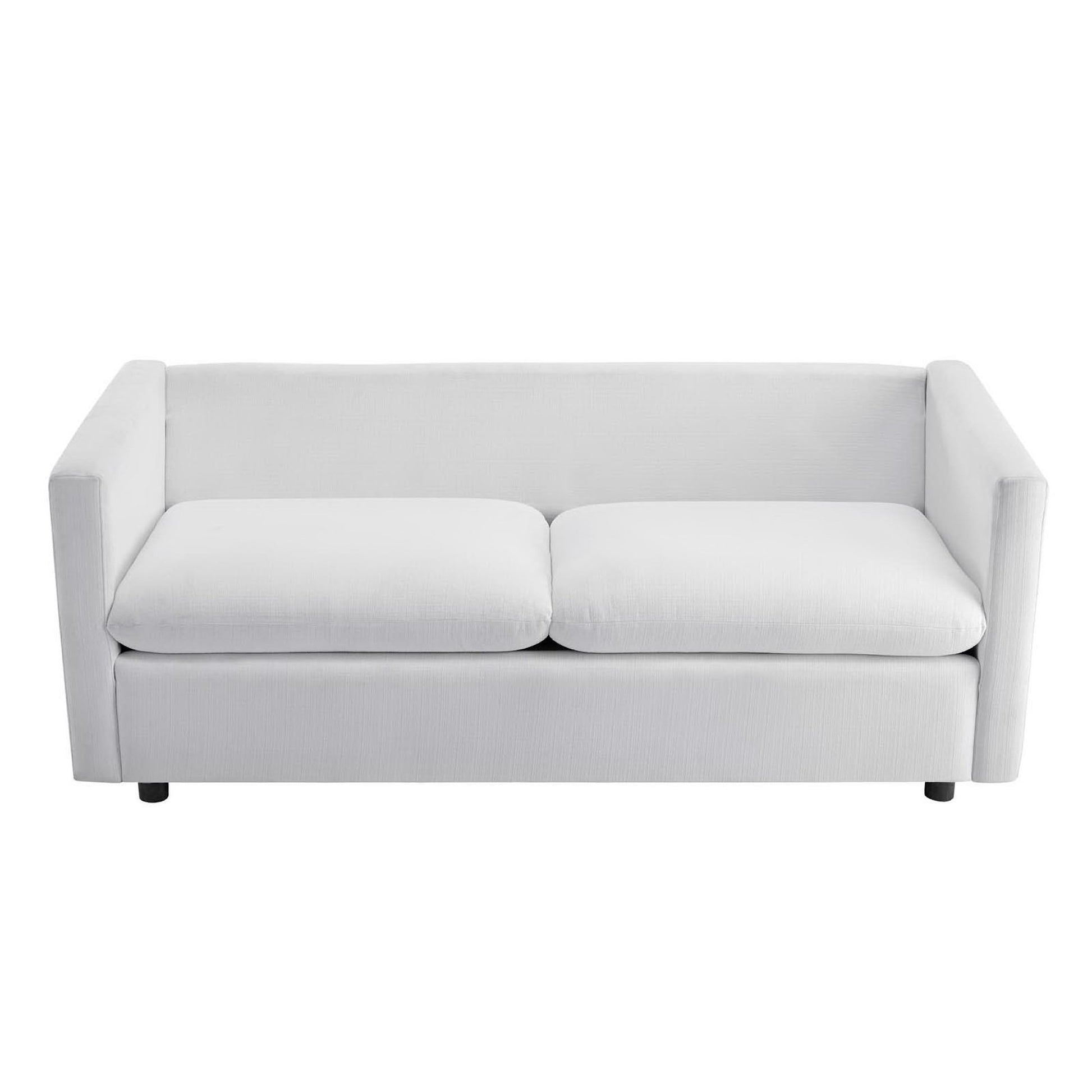 White modern fabric sofa with wide square arms, two-seat cushions, low back, compact contemporary style.