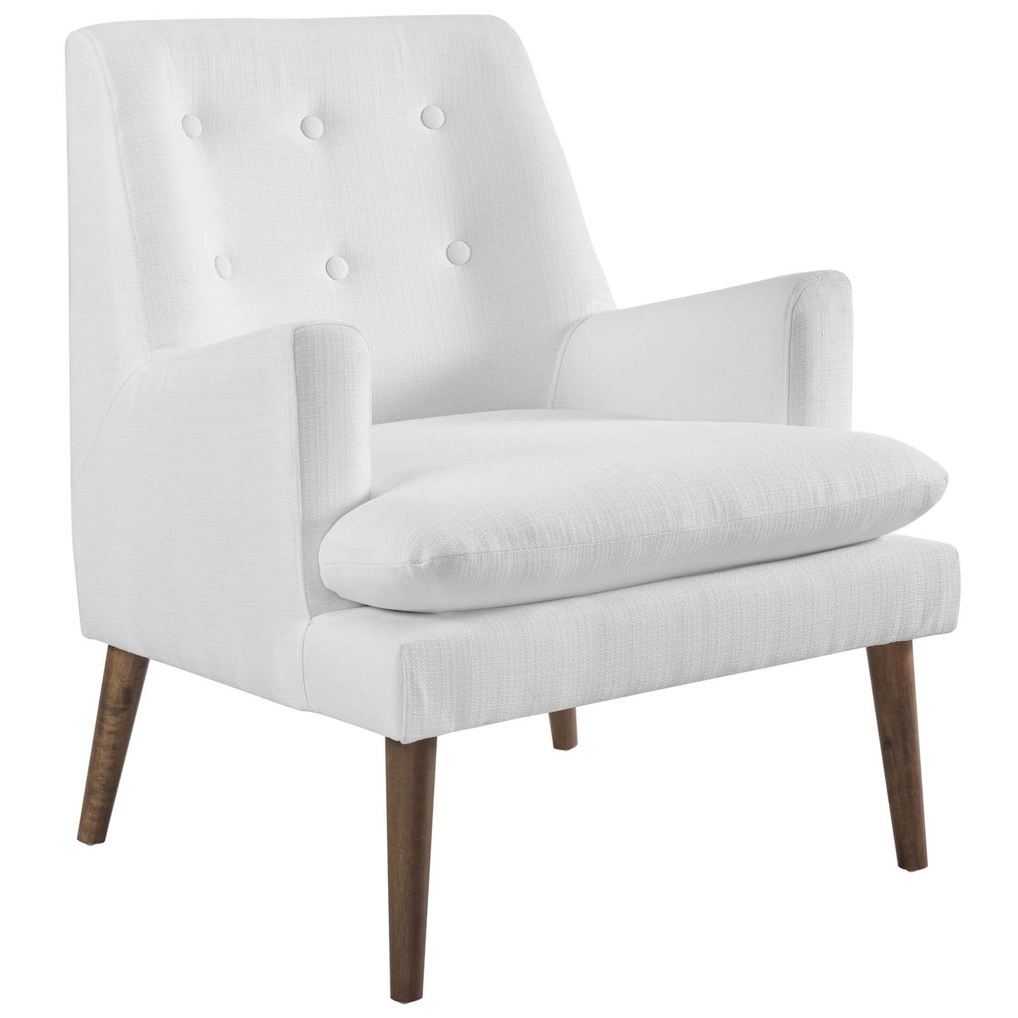 White fabric upholstered mid-century lounge chair with tufted back, cushioned seat, and wooden tapered legs.