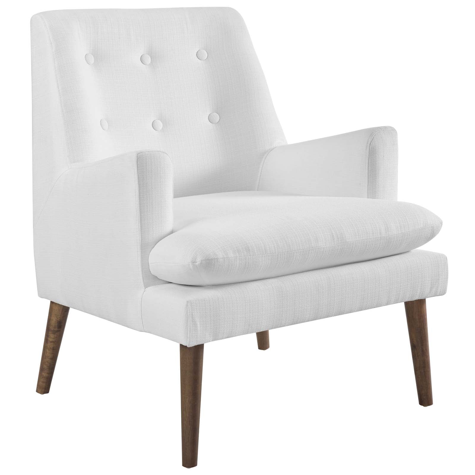 White fabric upholstered mid-century lounge chair with tufted back, cushioned seat, and wooden tapered legs.