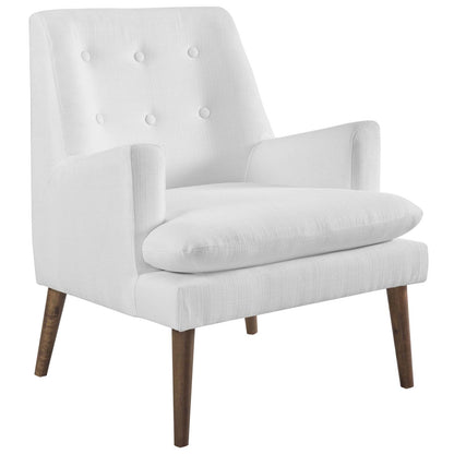 White fabric upholstered mid-century lounge chair with tufted back, cushioned seat, and wooden tapered legs.