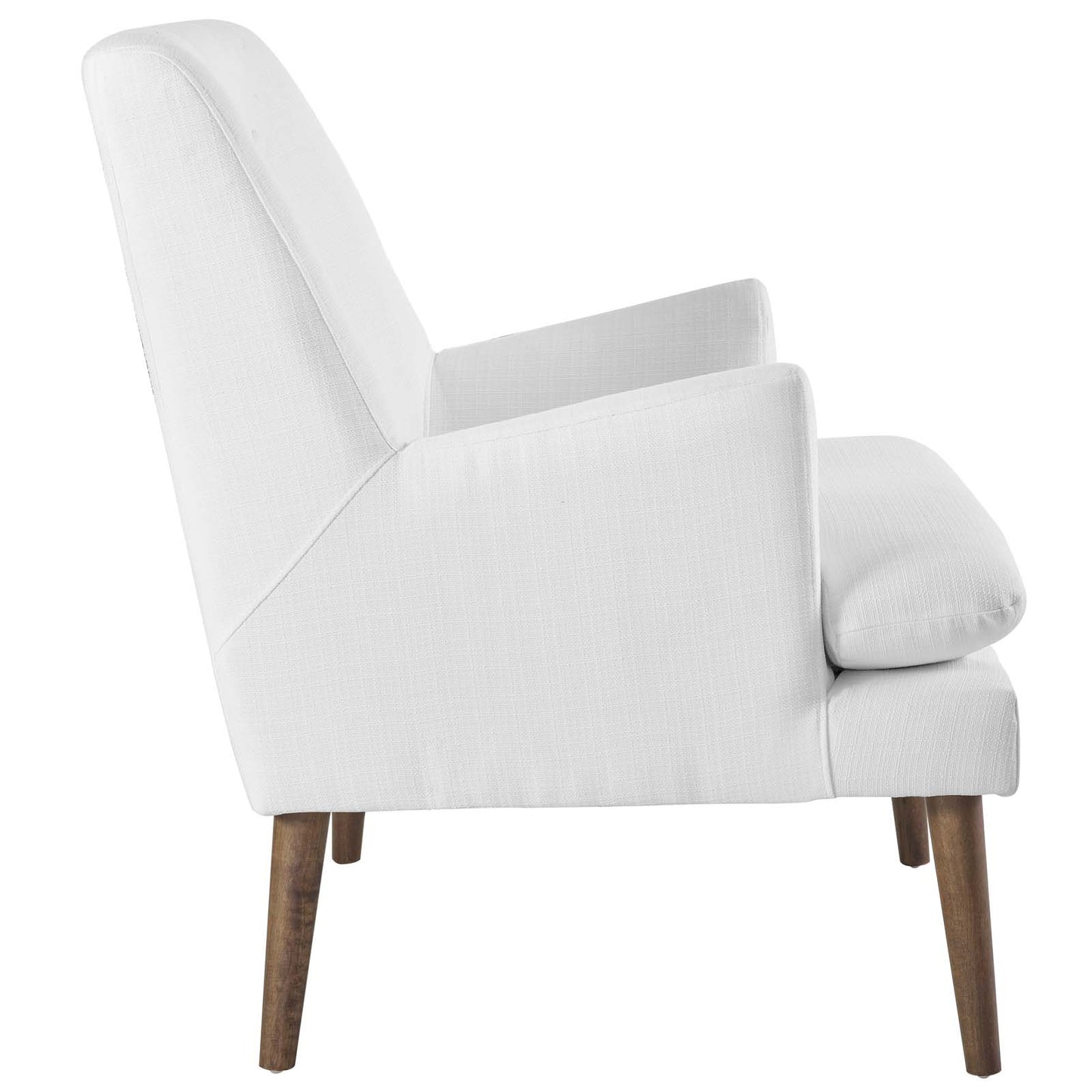 White fabric upholstered lounge chair with high back, loose seat cushion, and tapered wooden legs; mid-century modern.