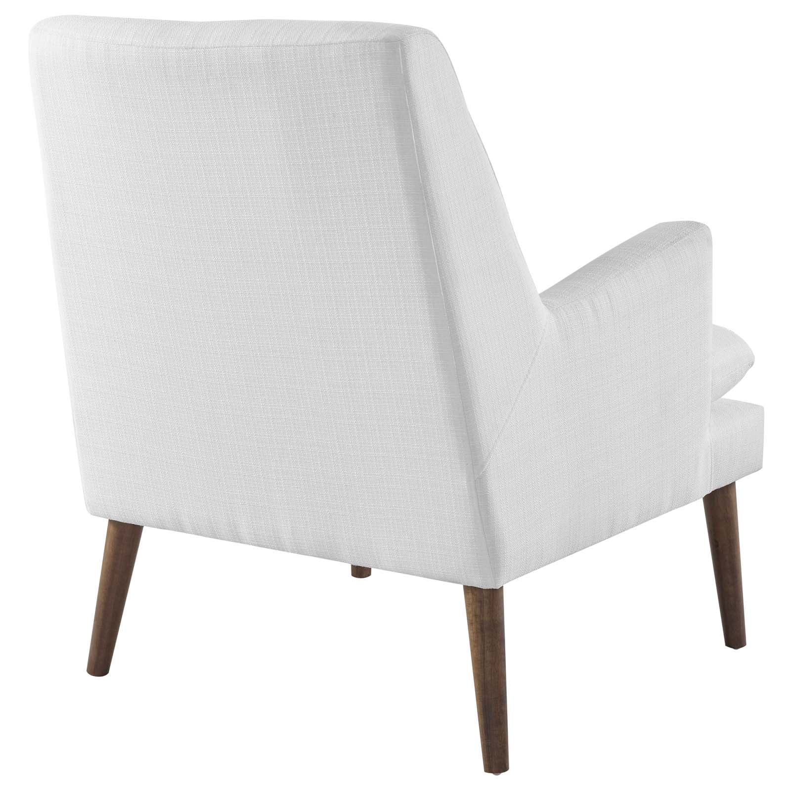 White fabric upholstered lounge chair with tall back and dark tapered wooden legs.