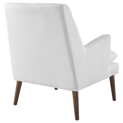 White fabric upholstered lounge chair with tall back and dark tapered wooden legs.