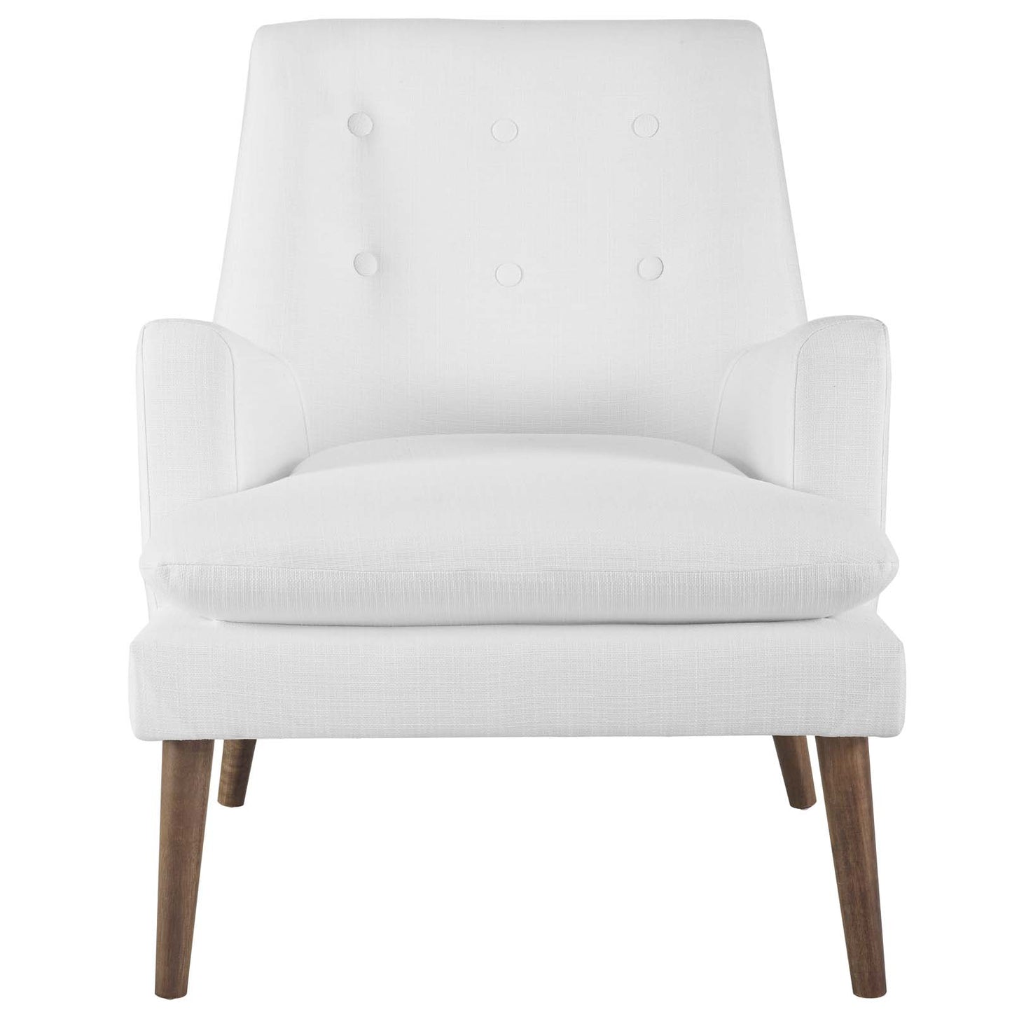 White fabric armchair with tufted back, cushioned seat, curved arms, and tapered wooden legs.