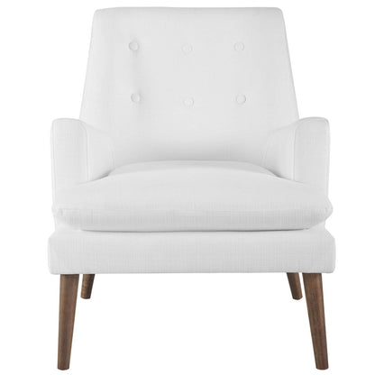 White fabric armchair with tufted back, cushioned seat, curved arms, and tapered wooden legs.