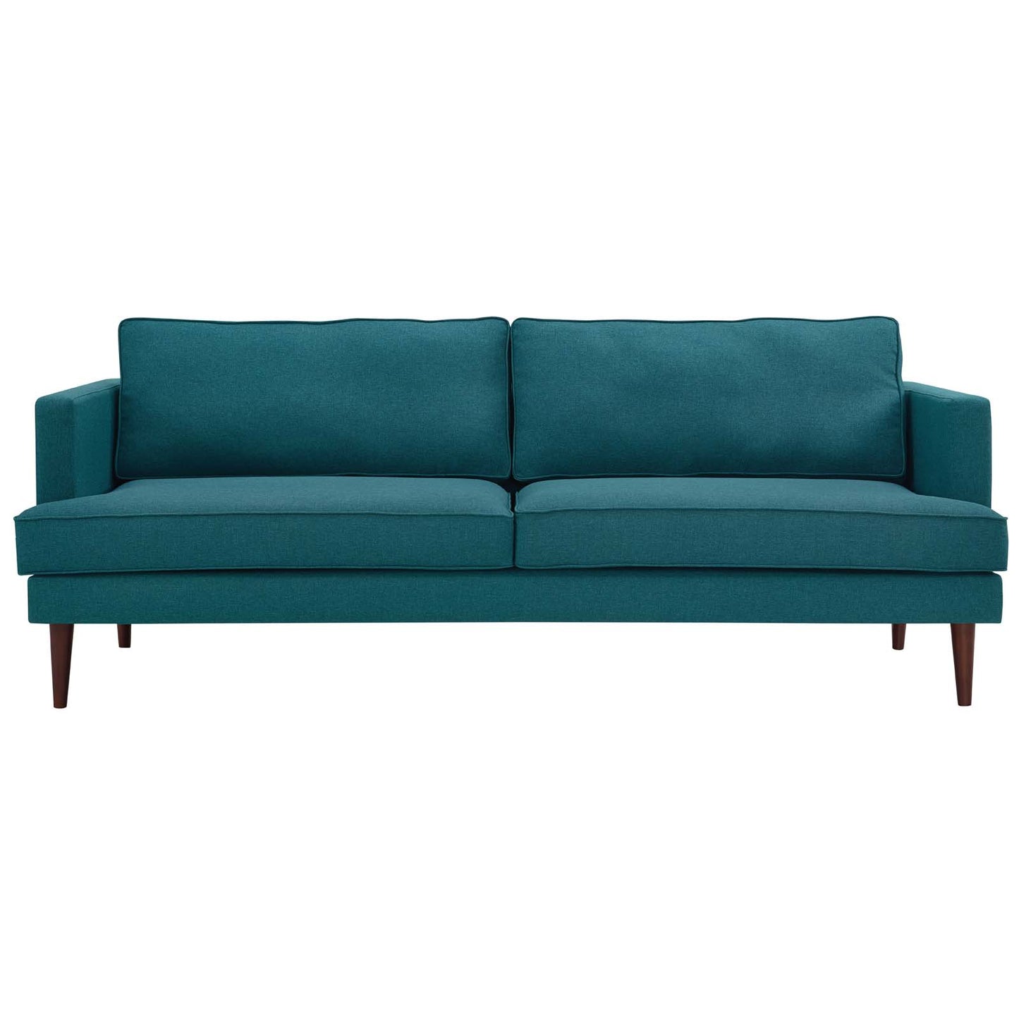Teal mid-century fabric sofa with two seat cushions, two back cushions, and tapered wooden legs.