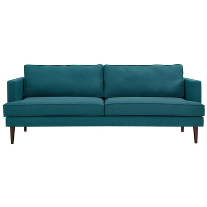 Teal mid-century fabric sofa with two seat cushions, two back cushions, and tapered wooden legs.