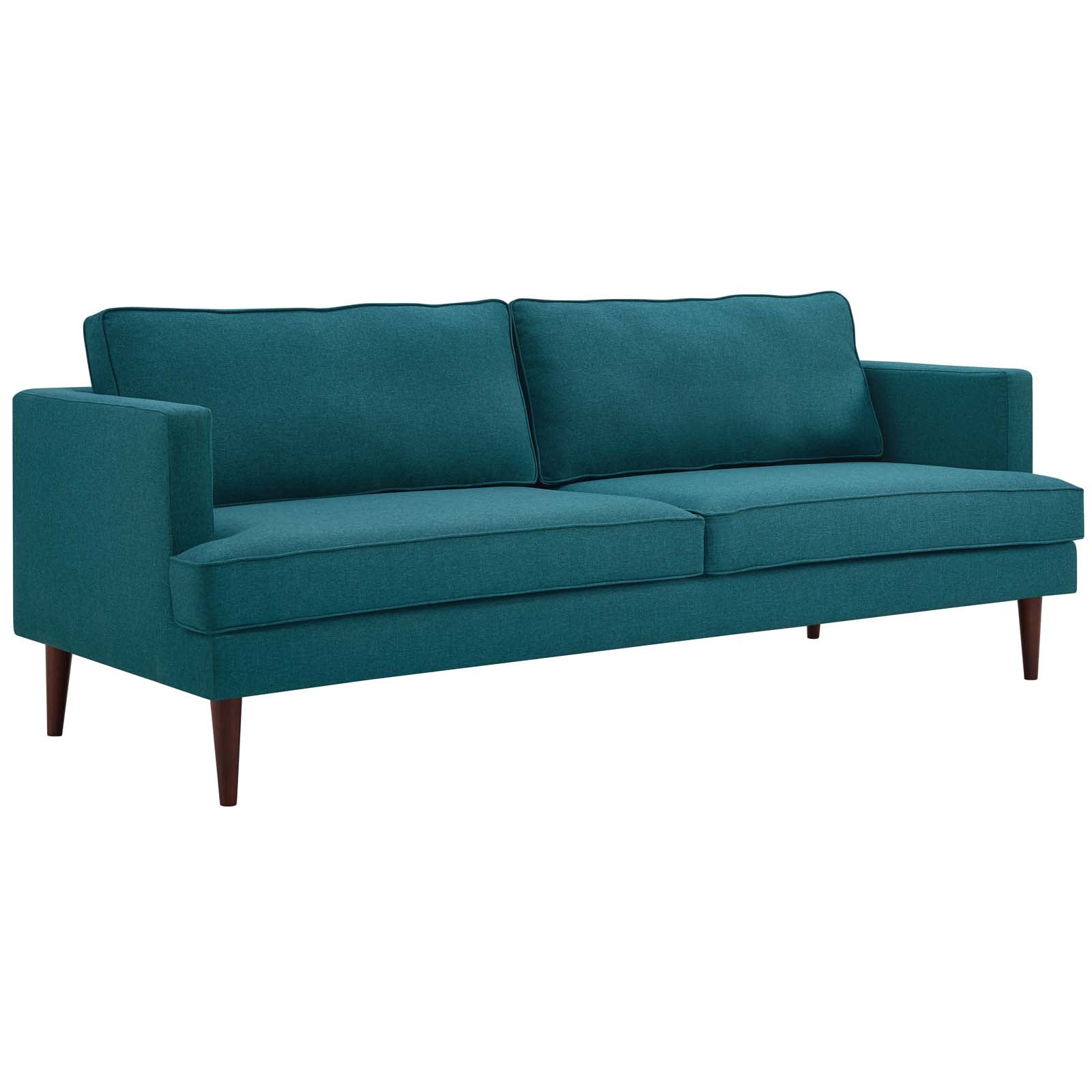 Teal fabric sofa with two back cushions, two seat cushions, square arms & tapered wooden legs.