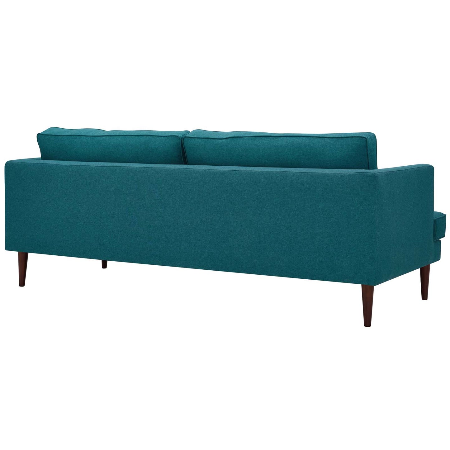 Teal fabric mid-century sofa with wooden tapered legs and two back cushions for stylish living room seating.